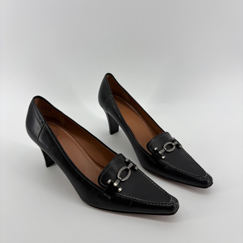 Circa Joan & David Womens 9.5 Black Leather Loafer Pumps Pointed Toe Horsebit 3"